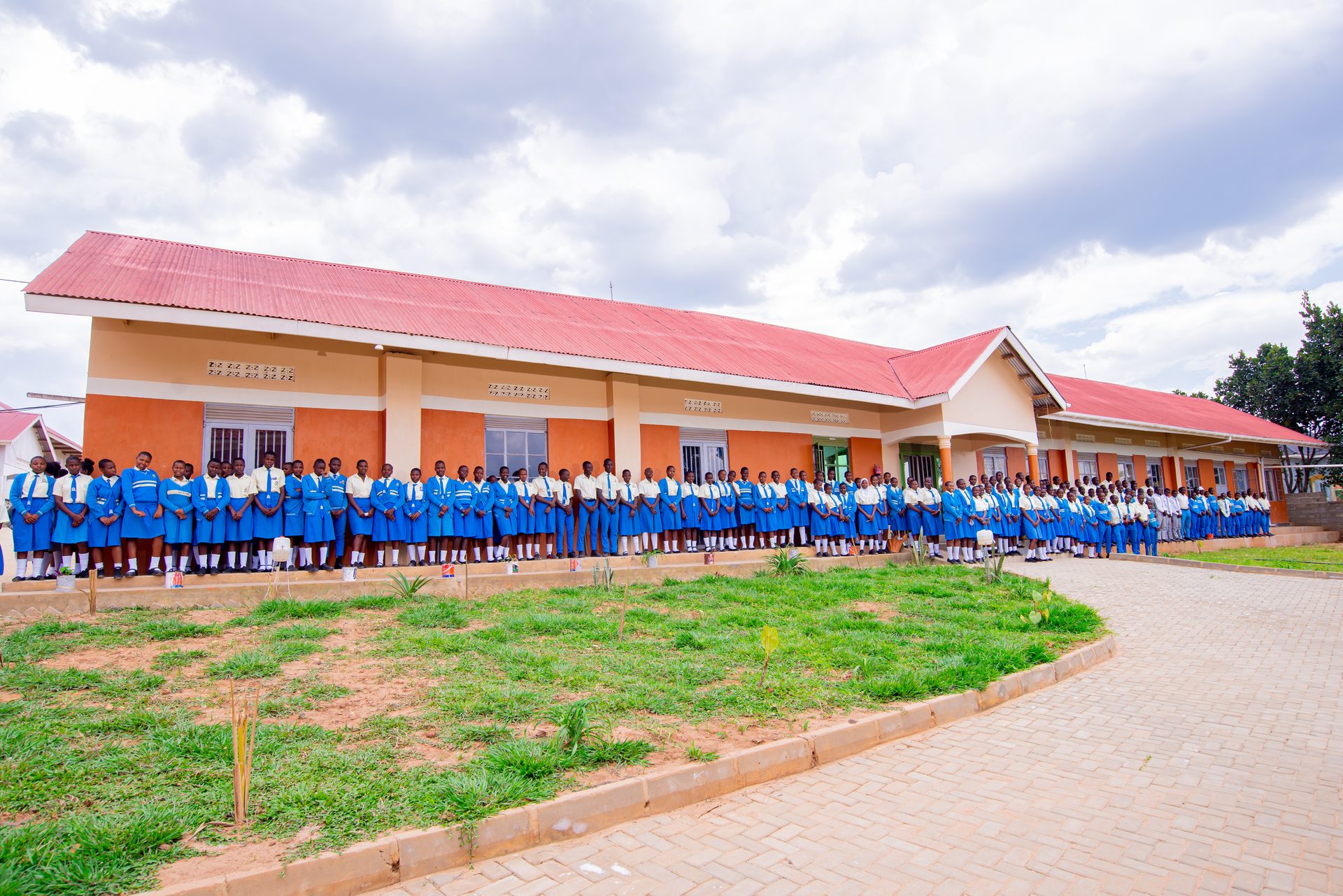 Students assembled outside the classroom block